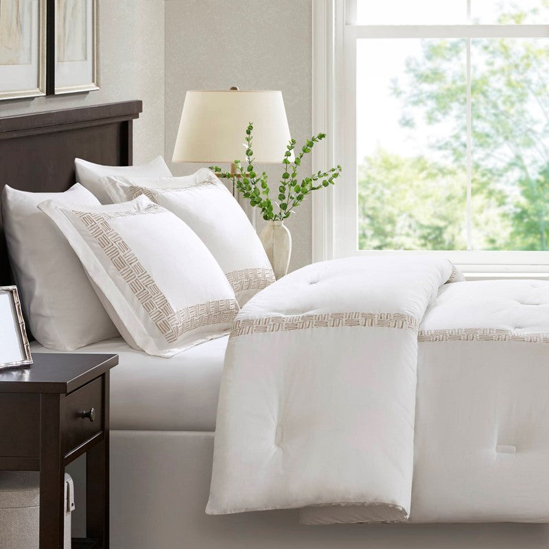 Embroidered Cotton Oversized Comforter Set - White & Gold 4PC