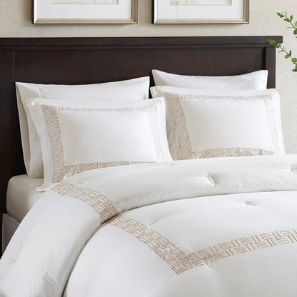 Embroidered Cotton Oversized Comforter Set - White & Gold 4PC