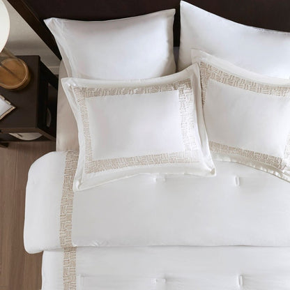 Embroidered Cotton Oversized Comforter Set - White & Gold 4PC