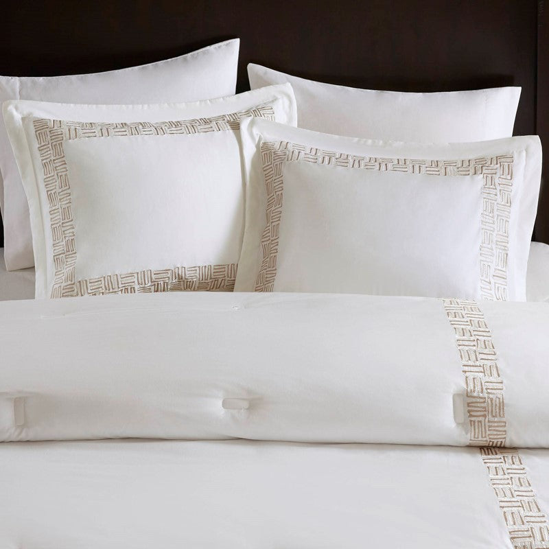 Embroidered Cotton Oversized Comforter Set - White & Gold 4PC