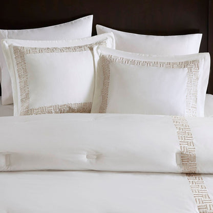 Embroidered Cotton Oversized Comforter Set - White & Gold 4PC