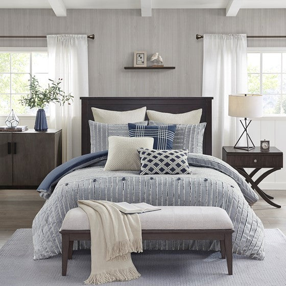 Oversized 100% Cotton Clipped Jacquard Comforter Set with Euro Shams and Throw Pillows - Blue Hues