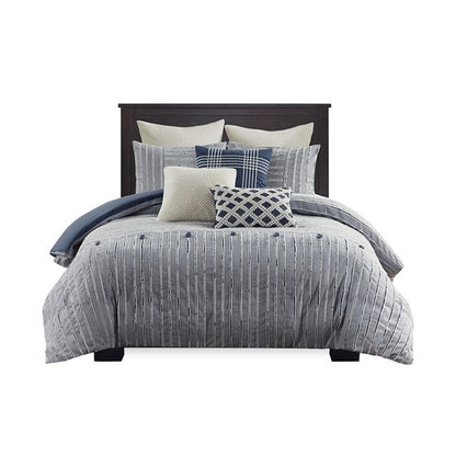 Oversized 100% Cotton Clipped Jacquard Comforter Set with Euro Shams and Throw Pillows - Blue Hues - Quahog Bay Bedding