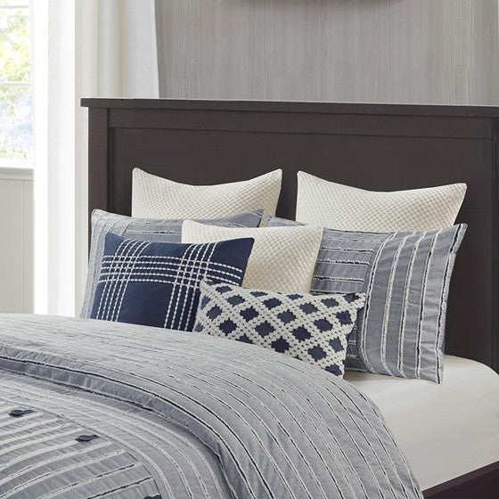 Oversized 100% Cotton Clipped Jacquard Comforter Set with Euro Shams and Throw Pillows - Blue Hues