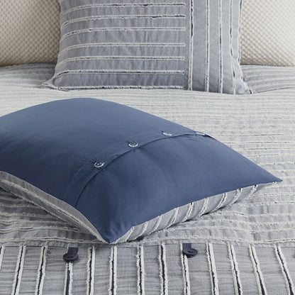 Oversized 100% Cotton Clipped Jacquard Comforter Set with Euro Shams and Throw Pillows - Blue Hues