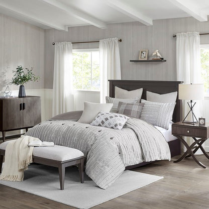 Oversized 100% Cotton Clipped Jacquard Comforter Set with Euro Shams and Throw Pillows - Grey Hues