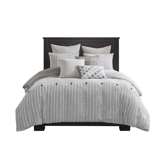 Oversized 100% Cotton Clipped Jacquard Comforter Set with Euro Shams and Throw Pillows - Grey Hues