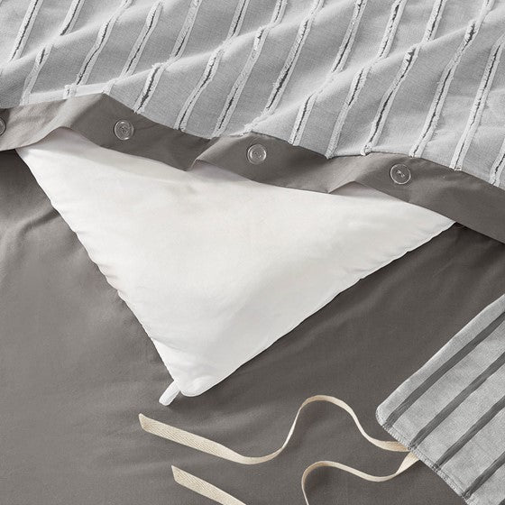 Oversized 100% Cotton Clipped Jacquard Comforter Set with Euro Shams and Throw Pillows - Grey Hues