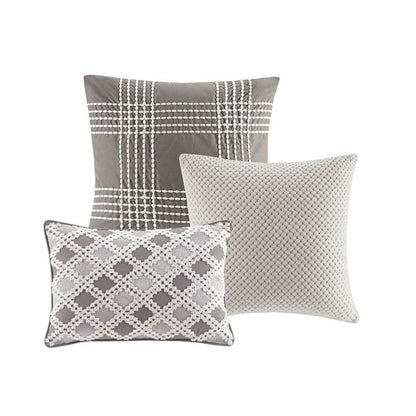 Oversized 100% Cotton Clipped Jacquard Comforter Set with Euro Shams and Throw Pillows - Grey Hues