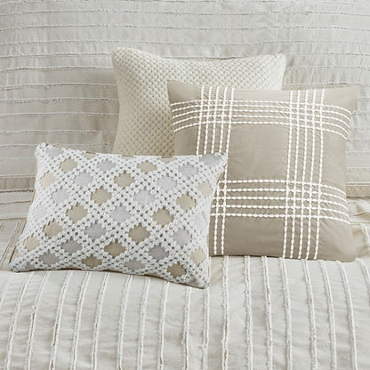 Oversized 100% Cotton Clipped Jacquard Comforter Set with Euro Shams and Throw Pillows - Ivory Hues