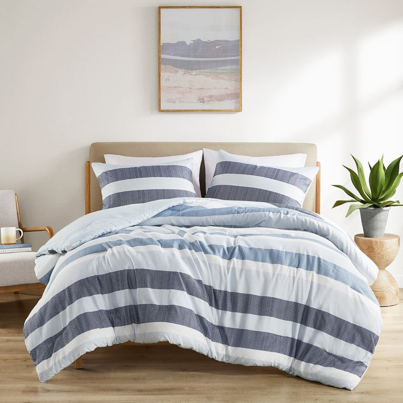 Comfort Spaces Owain Stripe Textured Print Comforter Set - Nautical Blue Bedding Set