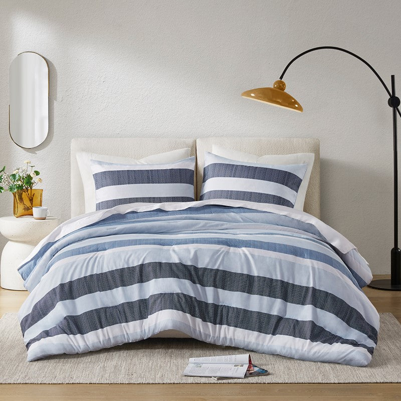 Comfort Spaces Owain Stripe Textured Print Comforter Set - Nautical Blue Bedding Set