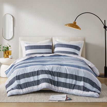 Comfort Spaces Owain Stripe Textured Print Comforter Set - Nautical Blue Bedding Set