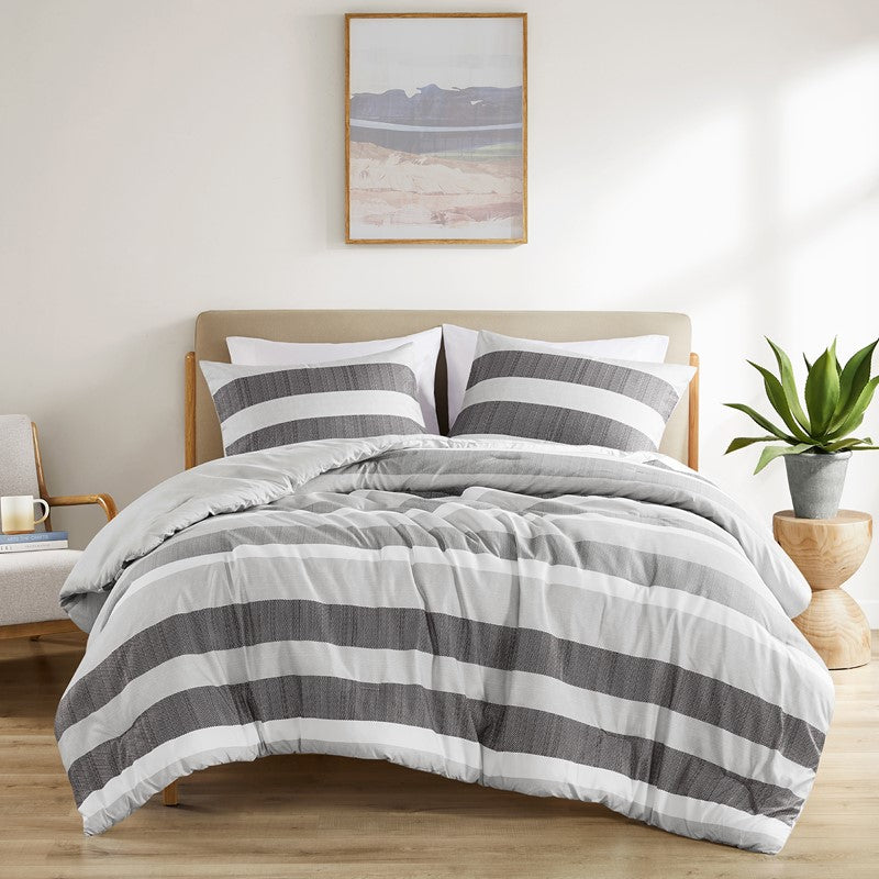 Comfort Spaces Owain Stripe Textured Print Comforter Set - Black And Grey Bedding Set