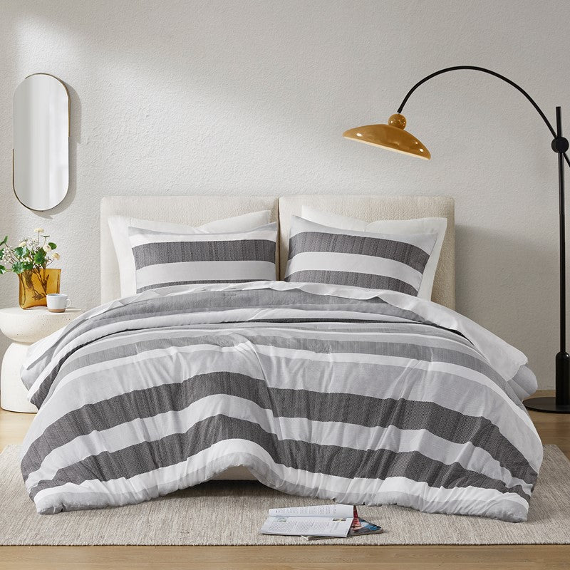 Comfort Spaces Owain Stripe Textured Print Comforter Set - Black And Grey Bedding Set