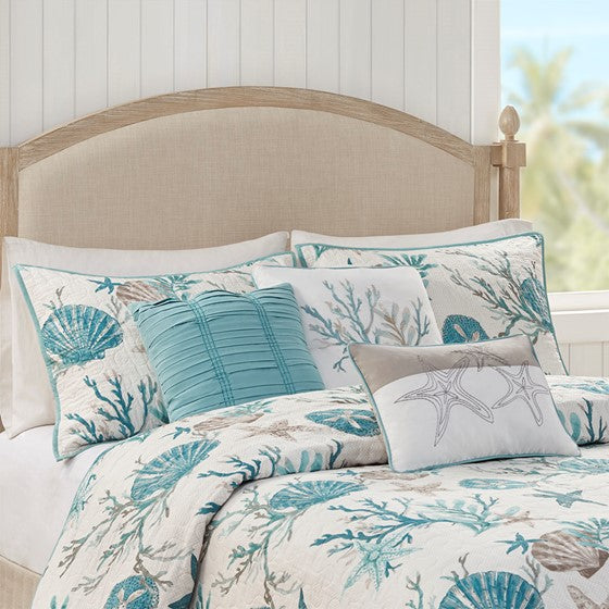 Madison Park Pebble Beach Cotton Sateen Quilt Set 6PC - Aqua