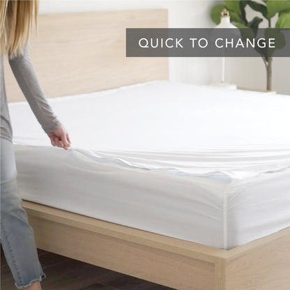 A person in a gray striped long-sleeve top and light blue jeans is shown pulling a white  Quickzip Fitted Sheet over a mattress on a light wood bed frame. A dark gray banner with the text 'QUICK TO CHANGE' is overlaid at the top right.