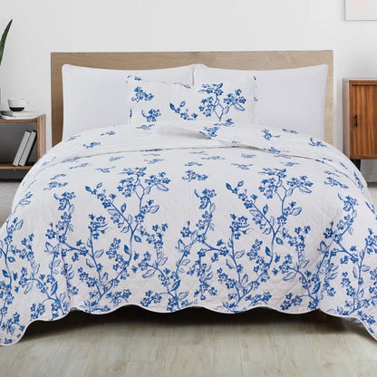 Coastal Floral Blue And White Quilt Set With Scalloped Edges - Lightweight Microfiber