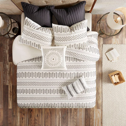 Rhea Cotton Jacquard Comforter Set | Ivory & Charcoal | 100% Cotton