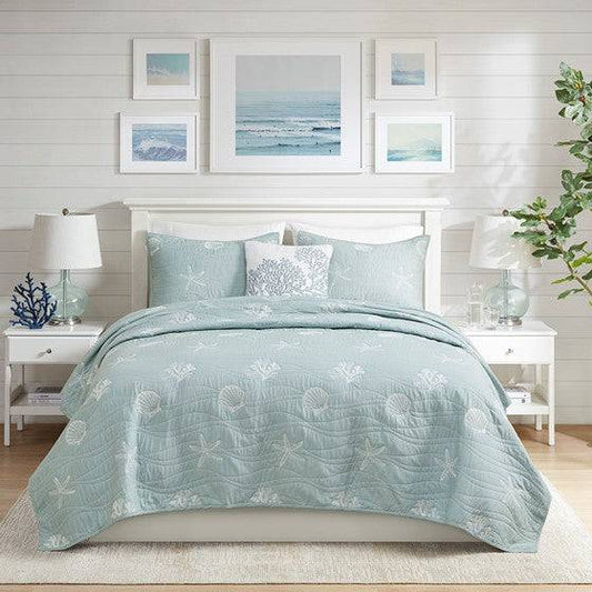 Seaside 4 Piece Cotton Reversible Embroidered Quilt Set with Throw Pillow - Quahog Bay Bedding