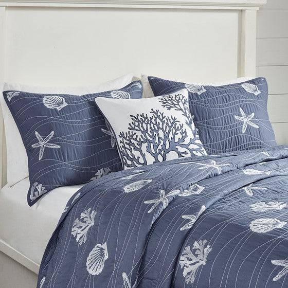 Seaside Nautical 100% Cotton Navy 4PC Quilt Set - Beautiful Nautical Quilt With Starfish & Seashell Motifs - Quahog Bay Bedding
