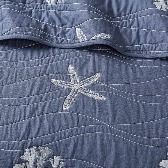 Seaside Nautical 100% Cotton Navy 4PC Quilt Set - Beautiful Nautical Quilt With Starfish & Seashell Motifs - Quahog Bay Bedding