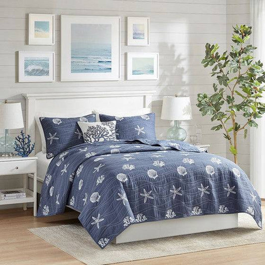 Seaside Nautical 100% Cotton Navy 4PC Quilt Set - Beautiful Nautical Quilt With Starfish & Seashell Motifs - Quahog Bay Bedding