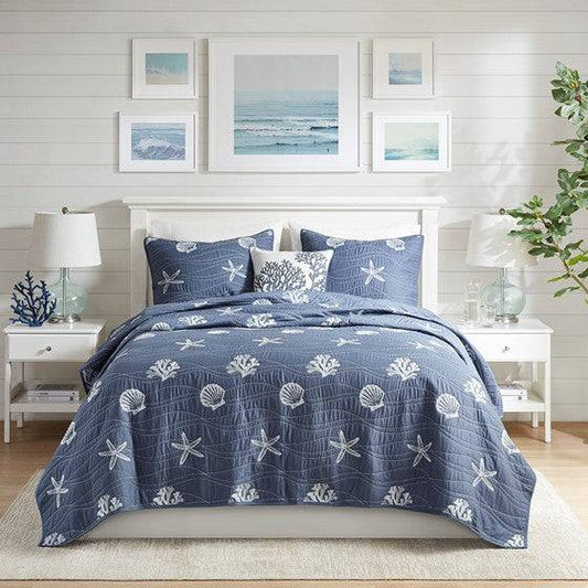 Seaside Nautical 100% Cotton Navy 4PC Quilt Set - Beautiful Nautical Quilt With Starfish & Seashell Motifs - Quahog Bay Bedding
