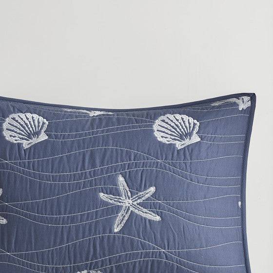 Seaside Nautical 100% Cotton Navy 4PC Quilt Set - Beautiful Nautical Quilt With Starfish & Seashell Motifs - Quahog Bay Bedding