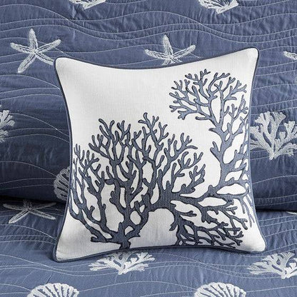 Seaside Nautical 100% Cotton Navy 4PC Quilt Set - Beautiful Nautical Quilt With Starfish & Seashell Motifs - Quahog Bay Bedding