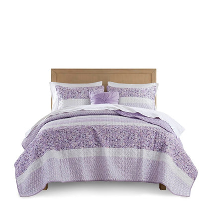 Coastal Floral Quilt Set - Shabby Chic Seersucker - Purple