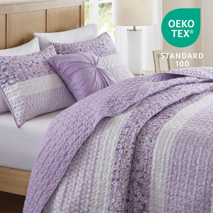 Coastal Floral Quilt Set - Shabby Chic Seersucker - Purple