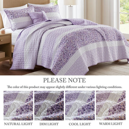 Coastal Floral Quilt Set - Shabby Chic Seersucker - Purple