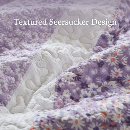 Coastal Floral Quilt Set - Shabby Chic Seersucker - Purple