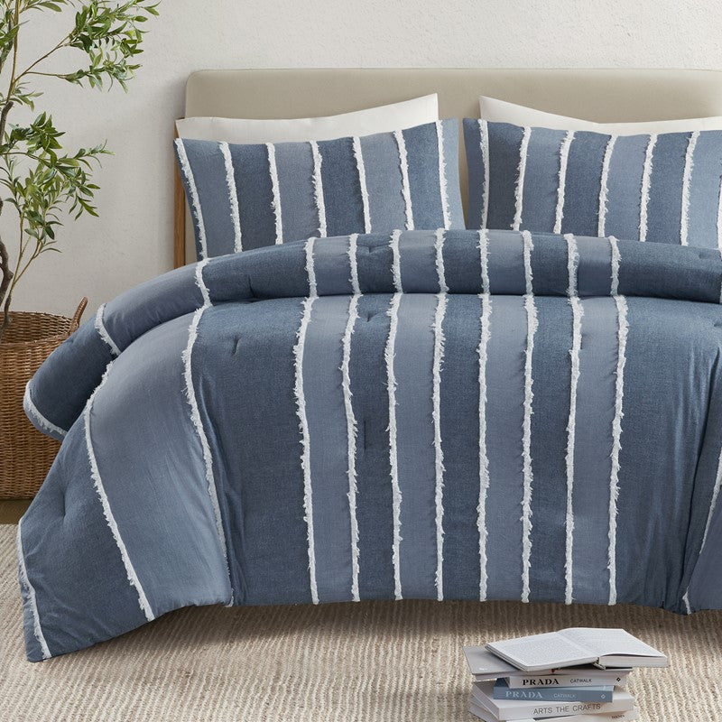 Shay 3 Piece Striped Cotton Comforter Set | Nautical Bedding Set | Blue