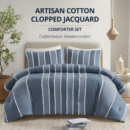 Shay 3 Piece Striped Cotton Comforter Set | Nautical Bedding Set | Blue