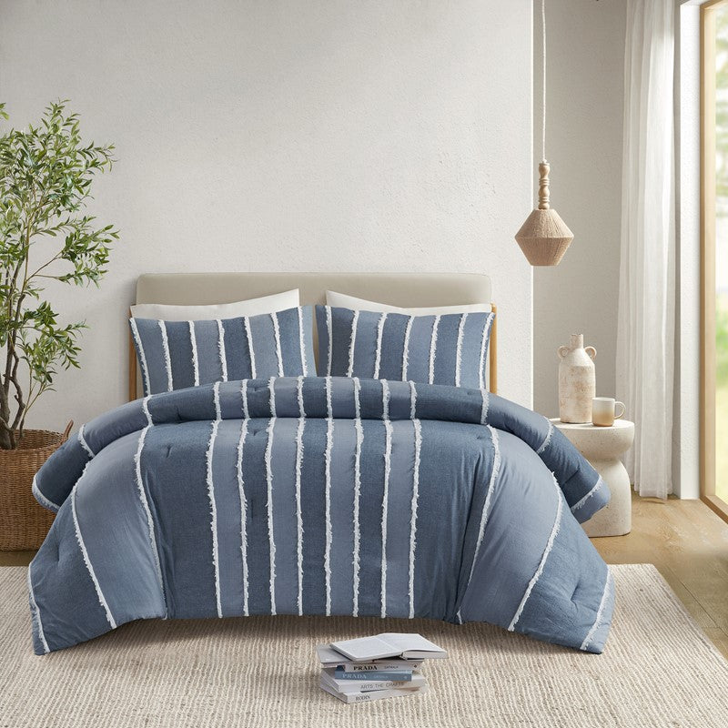 Shay 3 Piece Striped Cotton Comforter Set | Nautical Bedding Set | Blue