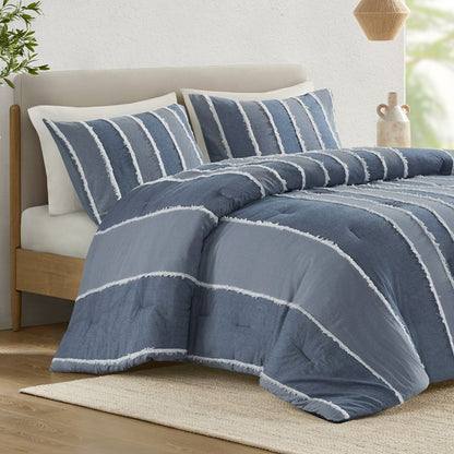 Shay 3 Piece Striped Cotton Comforter Set | Nautical Bedding Set | Blue