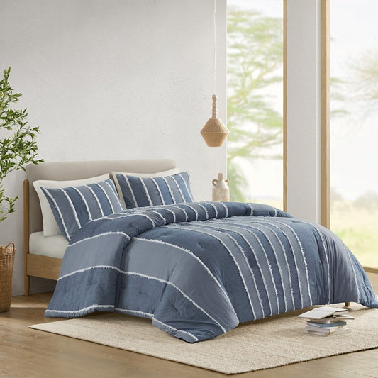 Shay 3 Piece Striped Cotton Comforter Set | Nautical Bedding Set | Blue