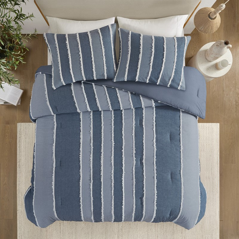 Shay 3 Piece Striped Cotton Comforter Set | Nautical Bedding Set | Blue