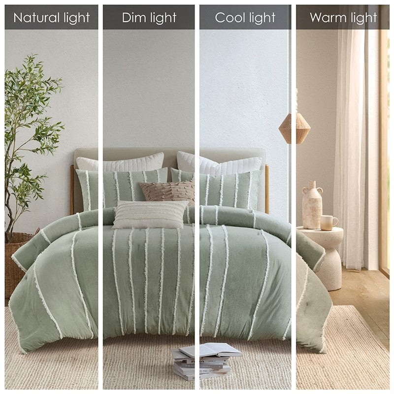 Shay 3 Piece Striped Cotton Comforter Set | Green Bedding Set | Sage