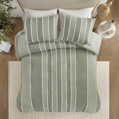 Shay 3 Piece Striped Cotton Comforter Set | Green Bedding Set | Sage
