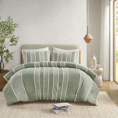 Shay 3 Piece Striped Cotton Comforter Set | Green Bedding Set | Sage