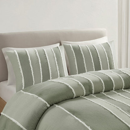 Shay 3 Piece Striped Cotton Comforter Set | Green Bedding Set | Sage