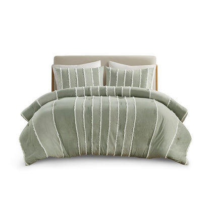 Shay 3 Piece Striped Cotton Comforter Set | Green Bedding Set | Sage