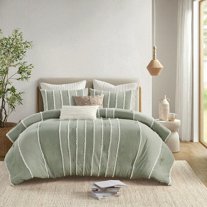 Shay 3 Piece Striped Cotton Comforter Set | Green Bedding Set | Sage