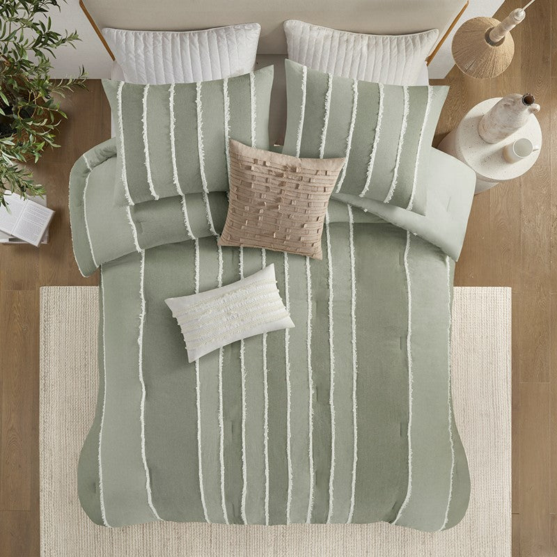Shay 3 Piece Striped Cotton Comforter Set | Green Bedding Set | Sage