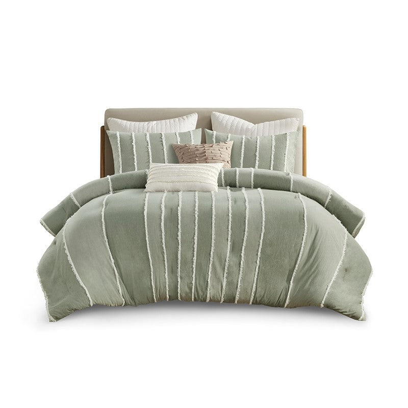 Shay 3 Piece Striped Cotton Comforter Set | Green Bedding Set | Sage