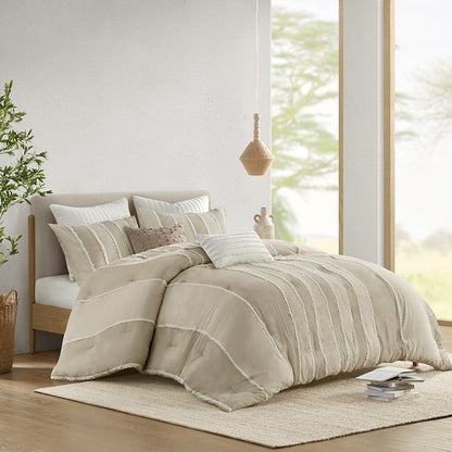 Shay 3 Piece Striped Cotton Comforter Set | Coastal Comforter Set | Taupe