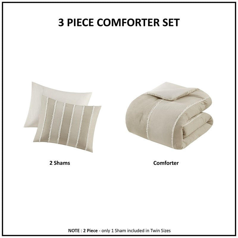 Shay 3 Piece Striped Cotton Comforter Set | Coastal Comforter Set | Taupe
